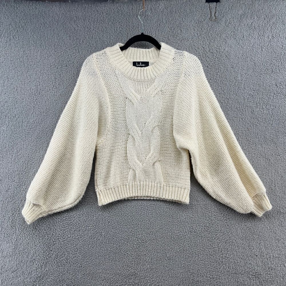Lulus Sweater Balloon Sleeve Cable Knit Ivory Size Small Mock Neck